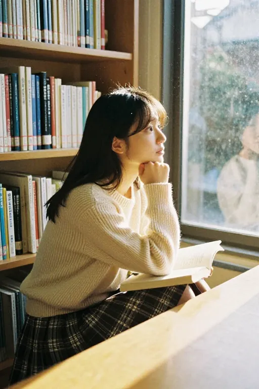 「放課後の図書室エモ構図」のプロンプトを探す